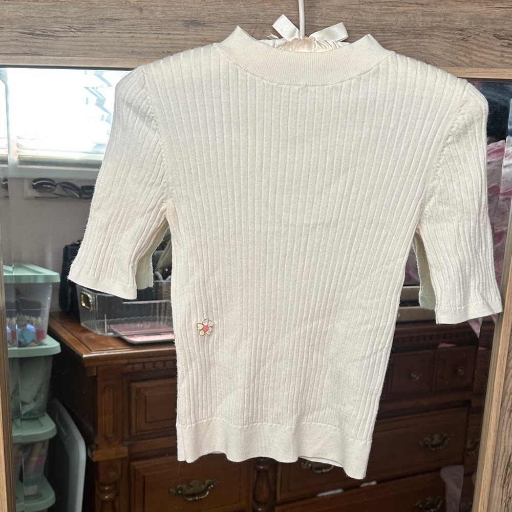 Uniqlo Merino Wool Cream Ribbed Knit Baby Tee Top Base Layer